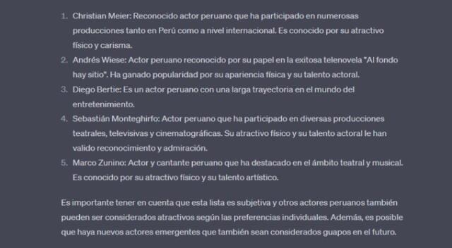  ChatGPT alista ranking de actores que resaltaron por su apariencia física.    