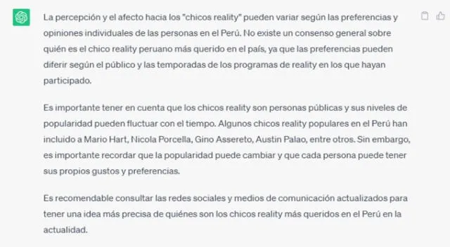  Otros chicos reality que son queridos por los peruanos, según ChatGPT.    