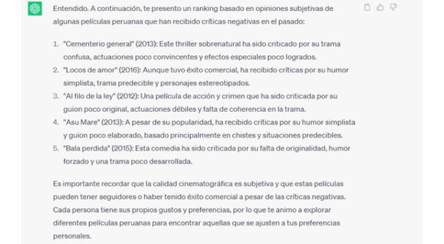  ChatGPT organiza ranking de las peores películas peruanas.    