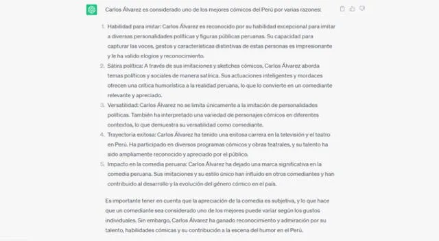  ChatGPT resalta las cualidades de Carlos Álvarez.    