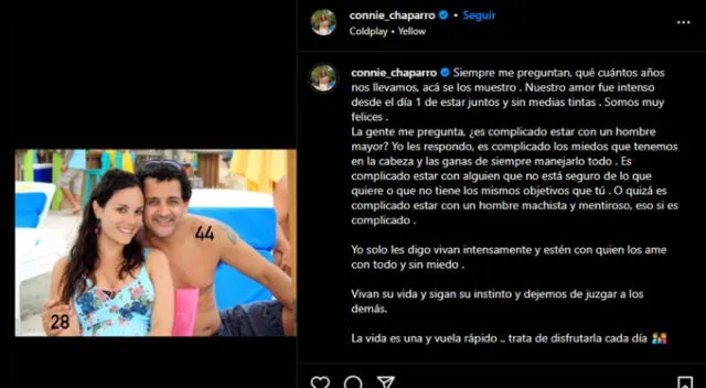  Connie Chaparro comparte emotiva dedicatoria a su relación con Sergio Galliani. Fuente: Instagram.   