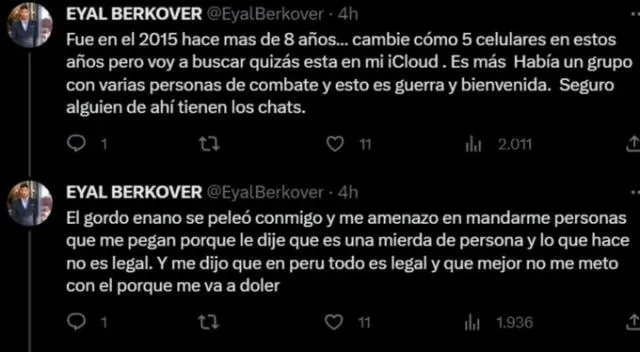 Eyal Berkover cuenta que Alfredo Benavides lo amenazó. Fuente: Twitter.