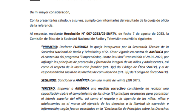  SNRTV sanciona a programas de televisón de América TV y ATV.