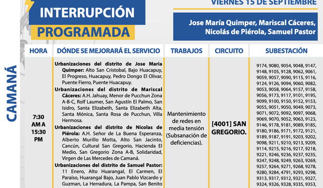  Corte de luz en Arequipa, Camaná y Caylloma, viernes 15 de septiembre. Foto: SEAL