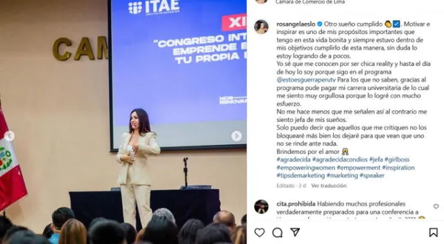 Rosángela Espinoza comparte su experiencia como conferencista. Fuente: Instagram.