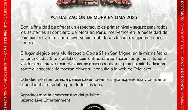 Comunicado oficial de cambio de lugar de concierto de Mora.