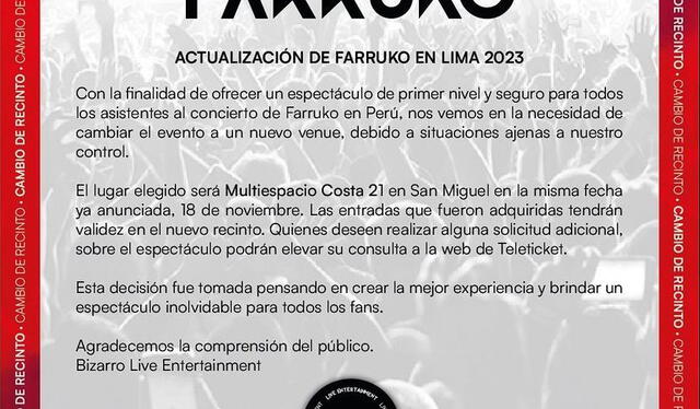 Comunicado oficial de cambio de lugar de concierto de Farruko.