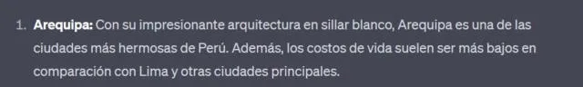 Así describió ChatGPT a Arequipa como la ciudad más linda y económica del Perú.