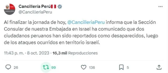 Cancillería peruana se pronuncia sobre desaparición de peruano en Israel.    