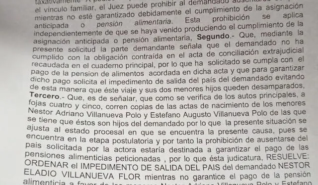 Documento oficial del impedimento de salida de Néstor Villanueva.