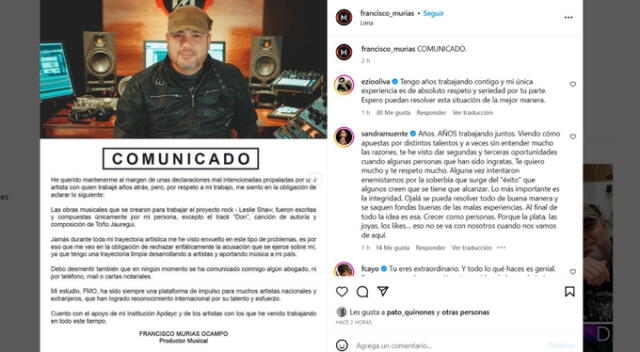 Productor musical se defiende de Leslie Shaw. Fuente: Instagram.