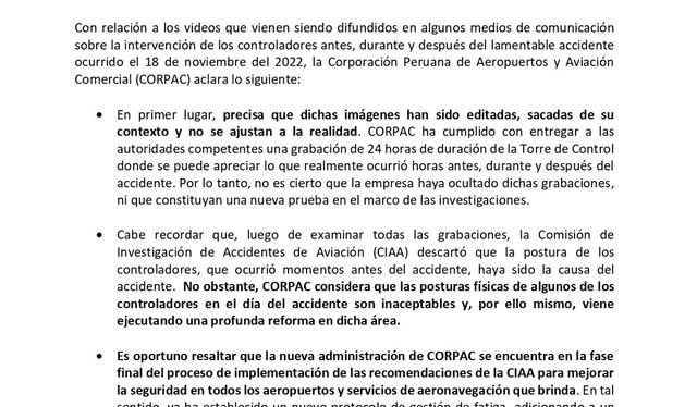 Comunicado de Corpac que afirma que las imágenes difundidas fueron editadas.