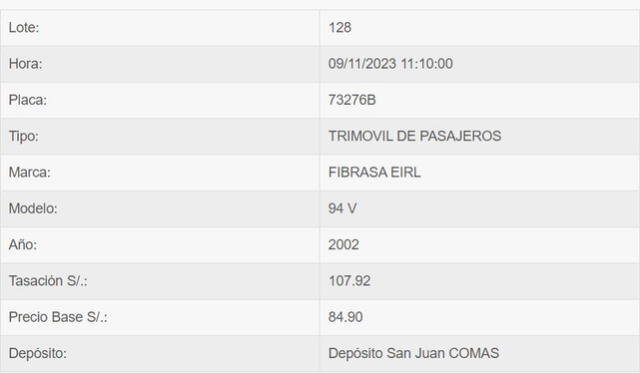 ¿No creías que había un vehículo a 84 soles? Pues sí existe y fue ofertado en el remate SAT de noviembre de 2023.