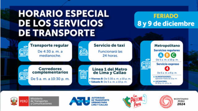 Este 8 y 9 diciembre habrá un nuevo horario de atención en el transporte público, según ATU.