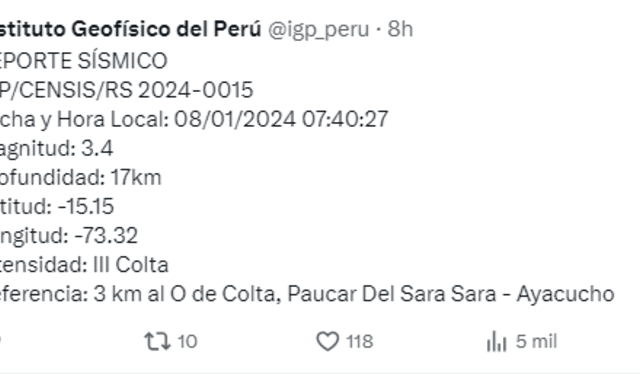 El último sismo en Perú se registró en Ayacucho.