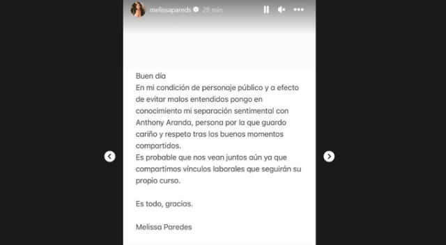 Comunicado de Melissa Paredes sobre Anthony Aranda. Fuente: Instagram.