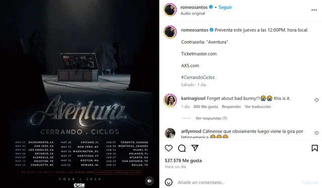 Romeo Santos anuncia su gira con Aventura. Lista de países completa.