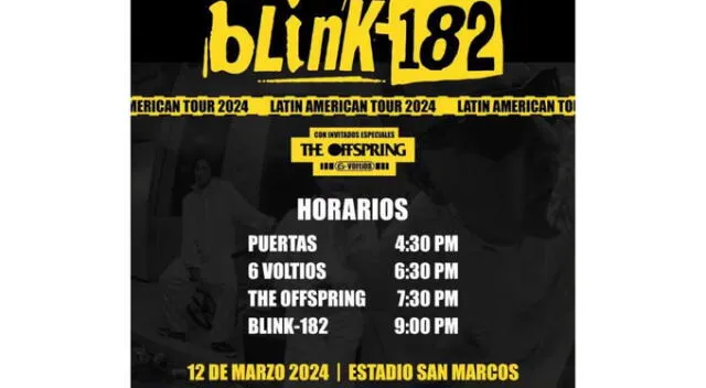 Blink-182: Conoce los horarios de ingreso al Estadio San Marcos. Fuente: Difusión.