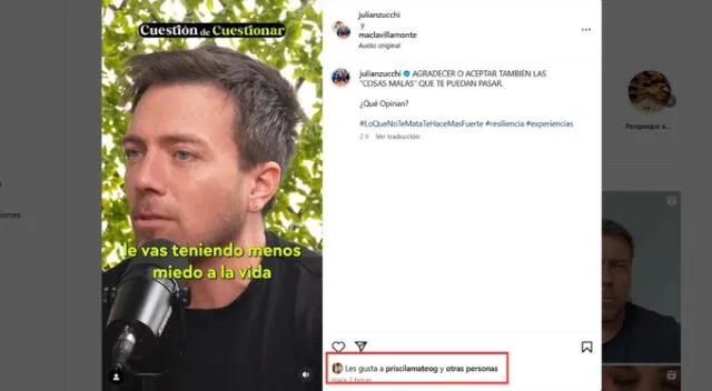 Priscila Mateo le da 'like' a publicación de Julián Zucchi tras enterarse que fue infiel. Fuente: Instagram.