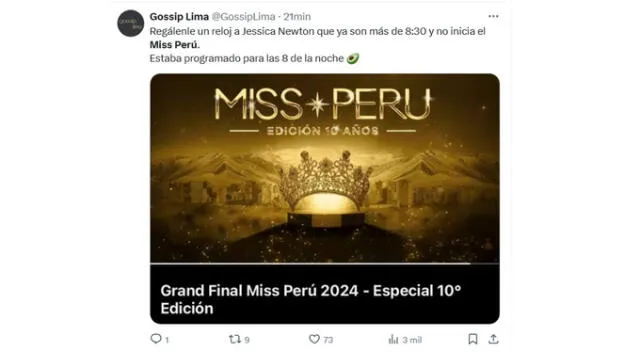 Usuario reclama a Jessica Newton por demorar en el inicio del Miss Perú 2024. Fuente: X.