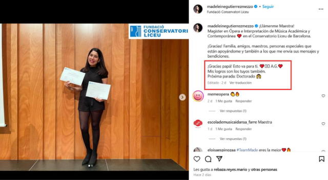 Esta es la dedicatoria de Madeleine Gutiérrez a Tongo. Fuente: Instagram.