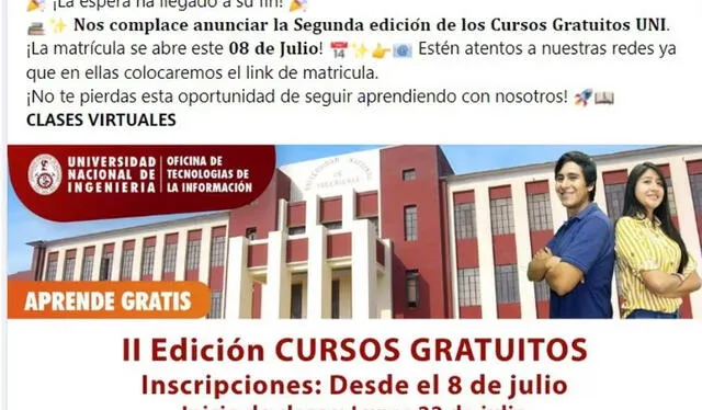 Solo alumnos o egresados de otras universidades podrán acceder a los cursos gratuitos de la UNI.