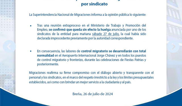 Migraciones deja sin efectos la huelga anunciada por un grupo de trabajadores.