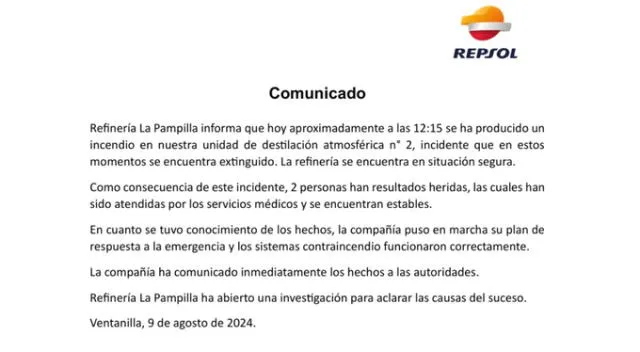 Comunicado de Repsol. Fuente: Repsol.