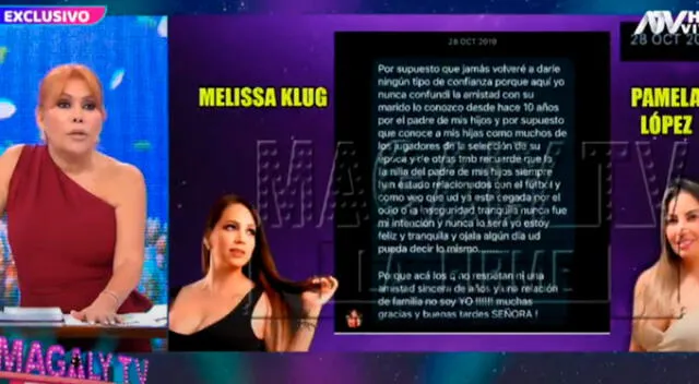 <em>Magaly Medina contó todo lo que le dijo Pamela López sobre Christian Cueva sus encuentros con Melissa Klug. Captura: ATV</em>   