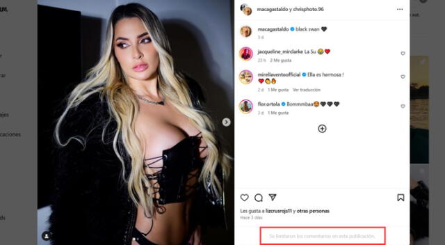 Macarena Gastaldo limita la opción de comentarios. Fuente: Instagram.