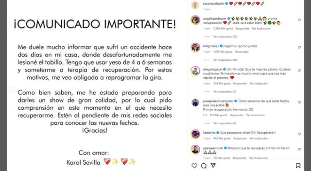 Comunicado de Karol Sevilla. Fuente: Instagram.