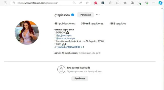 Génesis Tapia pone su perfil en privado. Fuente: Instagram.