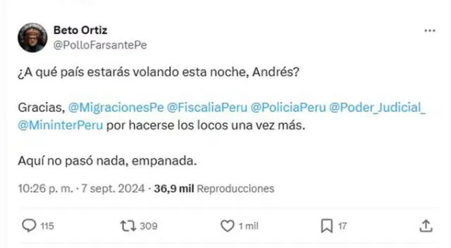 Mensaje de Beto Ortiz. Fuente: X.