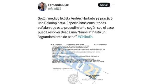 Fernando Díaz expone resultado del médico legista. Fuente: X.