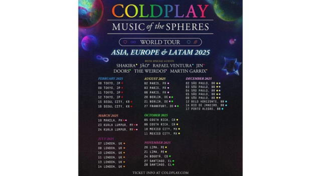 Coldplay: Fecha de sus conciertos en el 2025. Fuente: Difusión.