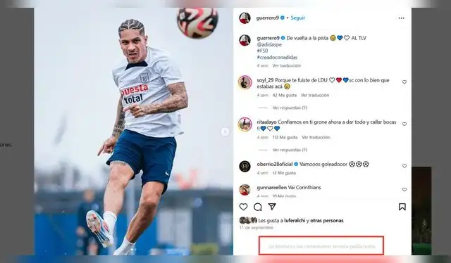 Paolo Guerrero limita los comentarios de su cuenta. Fuente: Instagram.