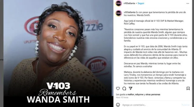 Radio V-103 de Atlanta confirma muerte de Wanda Smith. Fuente: Instagram.