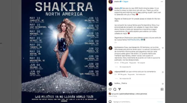 Este es el anuncio oficial del concierto de Shakira en Norteamérica. Fuente: Instagram.