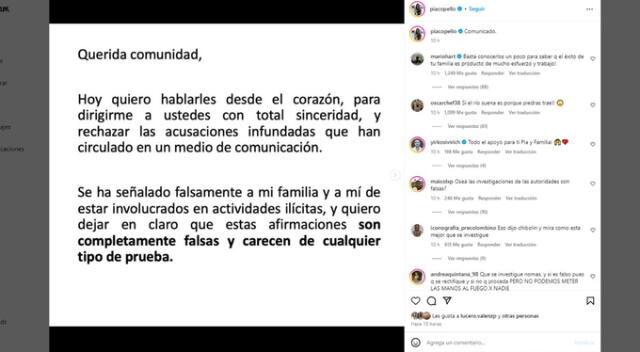 Comunicado de María Pía Copello. Fuente: Instagram.