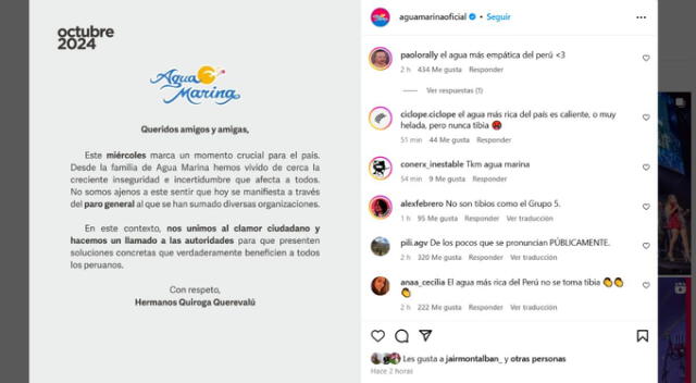 Comunicado de Agua Marina. Fuente: Instagram.