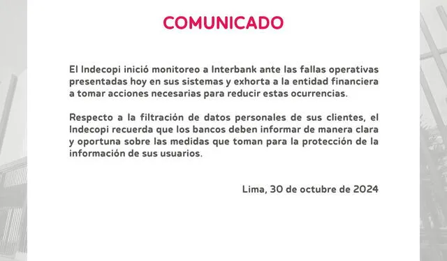 Comunicado de Indecopi. Fuente: Difusión. 