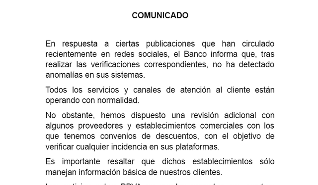 Comunicado de BBVA sobre supuesto hackeo a su base de datos. Foto: BBVA