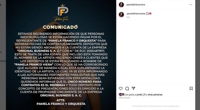 Comunicado de Pamela Franco. Fuente: Instagram.