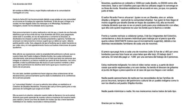 Comunicado de la líder de shipibo-konibo. Fuente: Instagram.