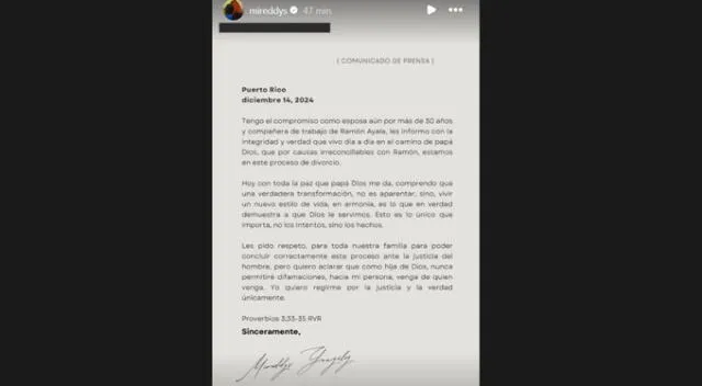 Comunicado de Mireddys González. Fuente: Instagram.