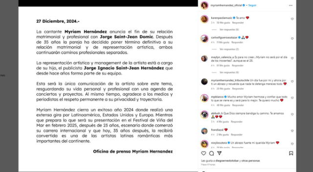 Comunicado de Myriam Hernández. Fuente: Instagram.