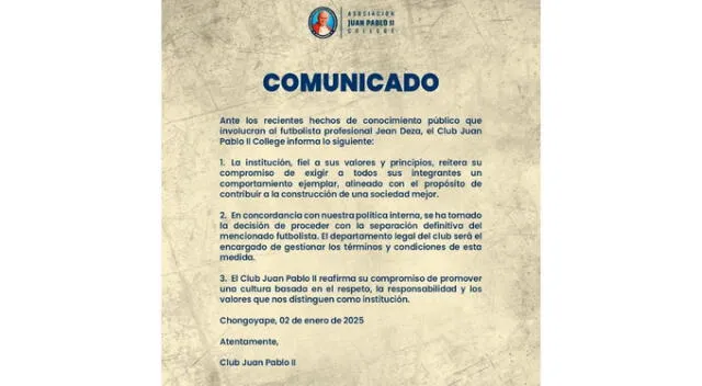 Comunicado de Juan Pablo II. Fuente: Instagram.