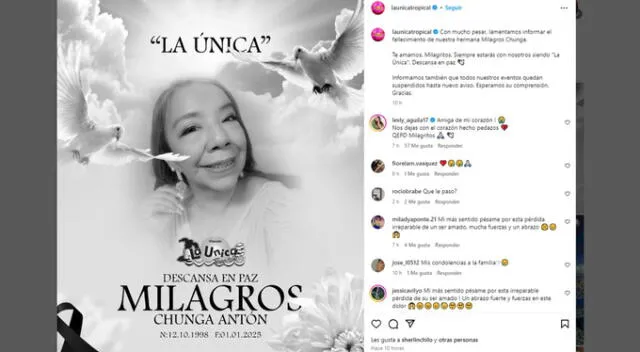 Comunicado sobre la muerte de integrante de La Única Tropical. Fuente: Instagram.