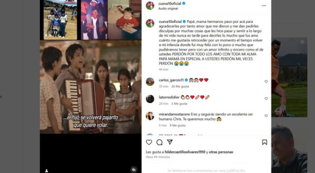 Mensaje de Christian Cueva a sus padres. Fuente: Instagram. Mensaje de Christian Cueva a sus padres. Fuente: Instagram.