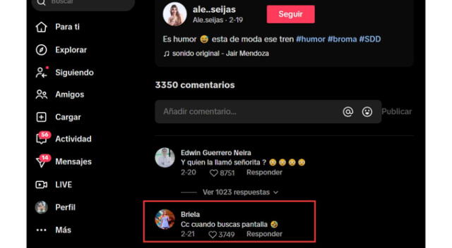 Respuesta de Briela Cirilo a Ale Seijas. Fuente: TikTok.